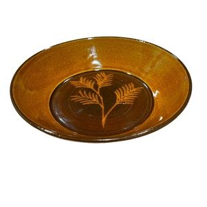 Jugtown Stoneware Pottery, Organic Two Tone Dark Browns, Leaf Print, 10 1/2”